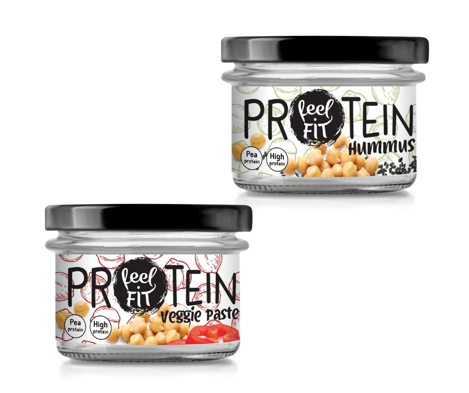 Protein veggie paste with smoked pepper and hummus with nigella seeds, with pea protein and vegetables