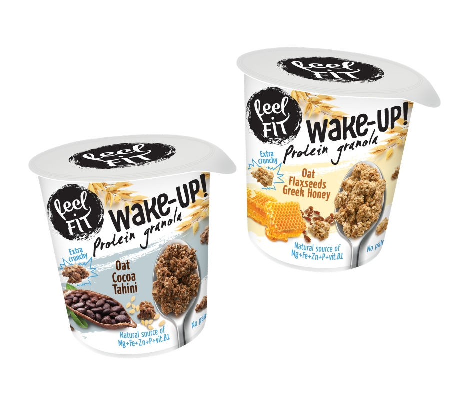 WAKE-UP PROTEIN Granola feel FIT in 2 flavours oat, cocoa, tahini and oat, Greek honey, flaxseeds